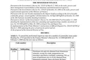 Decision No. 33/2000/QD-BTC of May 06, 2000, amending the import tax rates for a number of commodity items under heading No. 2710 in the preferential import tariff