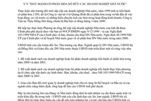 Chỉ thị 08/2000/CT-UB đẩy mạnh cổ phần hóa sở hữu các doanh nghiệp Nhà nước Quảng Bình