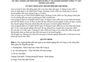 Quyết định 1729/2000/QĐ-UB-CNN thành lập Ban Đổi mới quản lý tại doanh nghiệp Công ty Cây trồng Hóc Môn