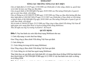 Quyết định 241/2000/QĐ-TCBĐ cước mạng điện thoại vô tuyến di động kênh chung Mobilenet