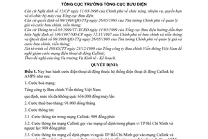 Quyết định 240/2000/QĐ-TCBĐ cước mạng điện thoại di động thuộc hệ thống Callink