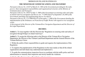 Decision No. 613/2000/QD-BGTVT of March 16, 2000, on regulation on ensuring order and safety of navigation through bridges on inland waterways
