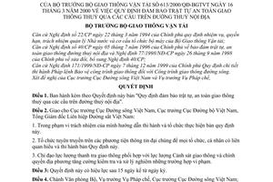 Quyết định 613/2000/QĐ-BGTVT quy định đảm bảo trật tự an toàn giao thông thuỷ qua các cầu đường thuỷ nội địa