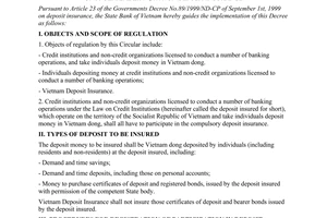 Circular No. 03/2000/TT-NHNN5 of March 16, 2000, guiding the implementation of The Governments Decree No.89/1999/ND-CP of September 1st , 1999 on deposit insurance