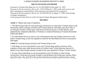 Decision No. 92/2000/QD-NHNN7 of March 17, 2000, on the carrying of foreign currency(ies) in cash and/or Vietnam dong in cash by individuals upon their entry or exit, with entry/exit laissez-passers or border identity cards