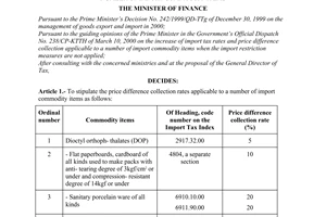 Decision No. 42/2000/QD-BTC of March 17, 2000, stipulating the price difference collection rates applicable to a number of import commodity items