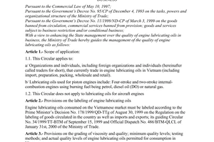 Circular No. 06/2000/TT-BTM, on the management of the quality of engine lubricating oils in business, promulgated by the Ministry of Trade