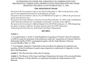 Decision No. 492/2000/QD-BTM of March 20, 2000, amending and supplementing the regulation on granting of Vietnam’s Form-D Certificates of Asean goods origin for enjoyment of preferences under the agreement on common effective preferential tariffs (CEPT), promulgated together with The Trade Minister’s Decision No.416/TM-DB of May 13, 1996
