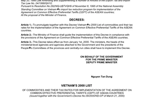 Decree No. 09/2000/ND-CP of May 21, 2000, promulgating Vietnams 2000 list of commodities and their tax rates for implementation of the agreement on common effective preferential tariffs (CEPT) of the asean countries.