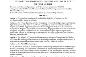 Decision No. 37/2000/QD-TTg of March 24, 2000, promulgating the policy of assistance to the development of key industrial products (applicable to ocean-going ships of 11,500 Tons, internal combustion engines under 30 HP and color TV sets)