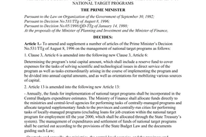 Decision No. 38/2000/QD-TTg of March 24, 2000, amending and supplementing a number of articles of The Prime Minister’s Decision No.531/TTg of August 8, 1996 on the management of national target programs