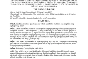 Quyết định 37/2000/QĐ-TT chính sách hỗ trợ phát triển sản phẩm công nghiệp trọng điểm