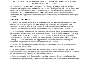 Circular No. 23/2000/TT-BTC of March 27, 2000, guiding the implementation of Decision No.05/2000/QD-TTg of January 5, 2000 of The Prime Minister on amendments and supplements to his Decision No.95/1998/QD-TTg of May 18, 1998 on the second-phase debt handling and settlement