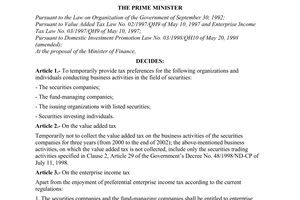 Decision No. 39/2000/QD-TTg of March 27, 2000, stipulating temporary tax preferences for securities trading activities