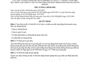 Quyết định 39/2000/QĐ-TTg ưu đãi thuế hoạt động kinh doanh chứng khoán