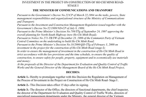 Decision No. 701/2000/QD-BGTVT of March 27, 2000, promulgating the regulation on management of the process of investment in the project on construction of Ho Chi Minh Road- Stage I
