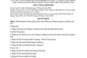 Quyết định 40/2000/QĐ-TTg thành lập Ban chỉ đạo Quốc gia kỷ niệm 1000 năm Thăng Long