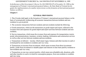 Circular No. 05/2000/TT-NHNN1 of March 28, 2000 guiding the implementation of a number of provisions on the formation of Vietnams international payment balance under The Governments Decree No. 164/1999/ND-CP of November 16, 1999