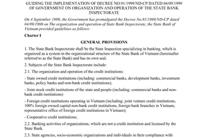 Circular No. 04/2000/TT-NHNN3 of March 28, 2000, guiding the implementation of Decree No.91/1999/ND-CP dated 04/09/1999 of Government on organization and operation of the State Bank inspectorate.