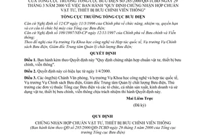 Quyết định 285/2000/QĐ-TCBĐ  Quy định chứng nhận hợp chuẩn vật tư, thiết bị bưu chính viễn thông