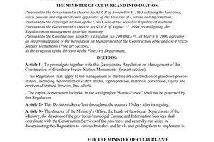 Decision No. 05/2000/QD-BVHTT of March 29, 2000, promulgating the regulation on management of the construction of grandiose fresco-statue monuments (fine art section)