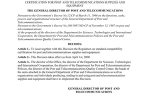 Decision No. 285/2000/QD-TCBD of March 29, 2000, promulgating the regulation on standard-compatibility certification for post and telecommunications supplies and equipment