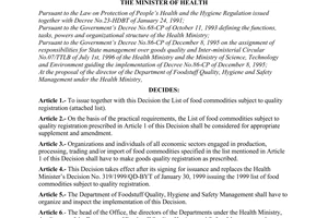 Decision No. 1010/2000/QD-BYT of  May 30, 2000 issuing the list of food commodities subject to quality registration