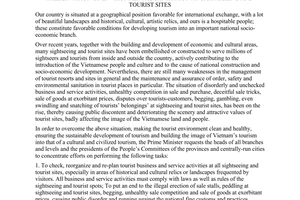 Directive No. 07/2000/CT-TTg of March 30, 2000 on enhancing the maintenance of public order and security and the preservation of environmental sanitation at sightseeing and tourist sites