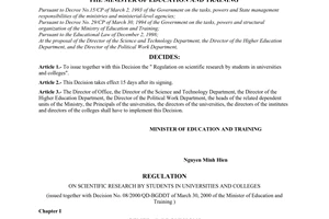 Decision No. 08/2000/QD-BGDDT of March 30, 2000 on the issuance of the regulation on scientific research by students in universities and colleges