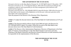 Decision No. 102/2000/QD-NHNN1 of March 31st, 2000, on the discount interest rate of the State Bank for credit institutions