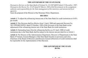 Decision No. 103/2000/QD-NHNN1 of March 31st, 2000 on the adjustment of the refinancing interest rate of the State Bank for credit institutions