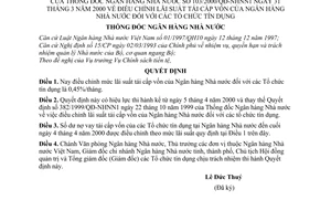 Quyết định 103/2000/QĐ-NHNN1 điều chỉnh lãi suất tái cấp vốn Ngân hàng Nhà nước với Tổ chức tín dụng