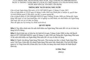 Quyết định 102/2000/QĐ-NHNN1 lãi suất chiết khấu Ngân hàng Nhà nước với tổ chức tín dụng