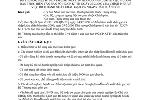 Công văn 1055TM/XNK hướng dẫn thực hiện văn bản 192/CP-KTTH điều hành xuất khẩu gạo và nhập khẩu phân bón.