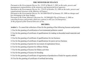 Decision No. 47/2000/QD-BTC of April 4, 2000 canceling the fees for the granting of licenses and permits which are contrary to The Law on Enterprises