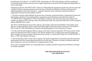 Circular No. 27/2000/TT-BTC of April 6, 2000 guiding the supplements to Circular No. 80/1999/TT-BTC of June 29, 1999 on the management of precious and rare assets and valuable certificates deposited and preserved at the state treasuries