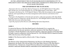 Dicision No. 112/2000/QD-NHNN13 of April 06th, 2000, on the appointment the State Bank branch in Ho Chi Minh City to implementation the discount operation, rediscount operation of the State Bank for banks.