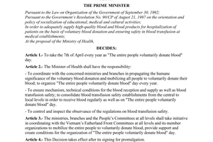 Decision No.43/2000/QD-TTg of April 7, 2000 on mobilizing and encouraging people to volun-tarily donate their blood