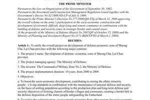 Decision No. 310/QD-TTg of April 17, 2000 ratifying the overall project on development of defense- economic zone of Muong Cha, Lai Chau province
