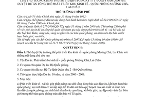 Quyết định 310/2000/QĐ-TTg  phê duyệt Dự án tổng thể phát triển khu kinh tế - quốc phòng Mường Chà, Lai Châu