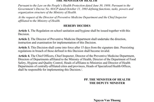 Decision No. 1221/2000/QĐ-BYT promulgating regulations on school sanitation and hygiene