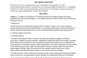 Decision No. 322/QD-TTg of April 19, 2000 approving the project on "training scientific and technical cadres at foreign establishments with the state budget”