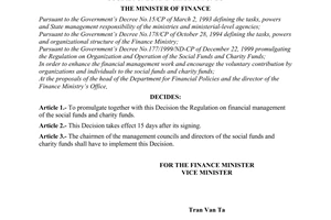 Decision No.56/2000/QD-BTC of April 19, 2000 promulgating the regulation on financial management of the social funds and charity funds