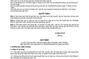 Quyết định 953/2000/QĐ-BGTVT cước vận chuyển, xếp dỡ hàng siêu trường, siêu trọng