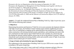 Decision No. 49/2000/QD-TTg of April 21, 2000 ratifying the readjusted general plan of building Vinh city, Nghe An province, up to 2020
