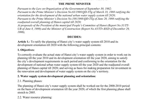 Decision No. 50/2000/QD-TTg of April 24, 2000 ratifying the planning of Hanoi city’s water supply system till 2010 and its development orientation till 2020