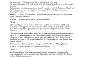 Ordinance No.21/2000/PL-UBTVQH10 of April 28, 2000 amending and supplementing a number of articles of The Ordinance on officials and public employees