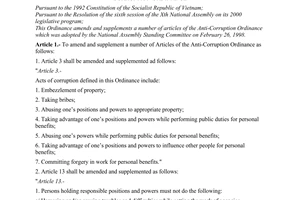 Ordinance No.22/2000/PL-UBTVQH10 of April 28, 2000 amending and supplementing a number of articles of the anti-corruption ordinance