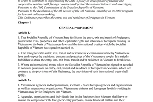 Ordinance No. 24/2000/PL-UBTVQH10 of April 28, 2000 on entry, exit and residence of foreigners in Vietnam
