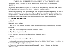 Circular No. 08/2000/TT-BVHTT guiding the management of electronic games